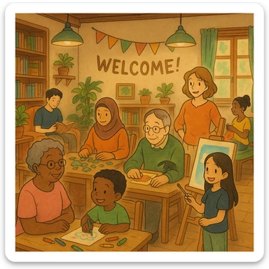 ghibli style warm, welcoming inclusive activity space with soft lighting and diverse people sticker