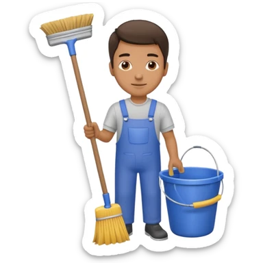 man in cleaning clothes, holding a broom and a bucket sticker