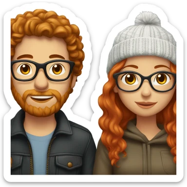 Red haired white couple kissing. Woman long hair with beanie. Man curly hair with glasses. sticker
