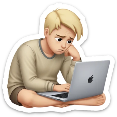 Create an emoji of a tired person sitting at a laptop, looking exhausted and frustrated. They have slouched posture, representing overwork and burnout. sticker