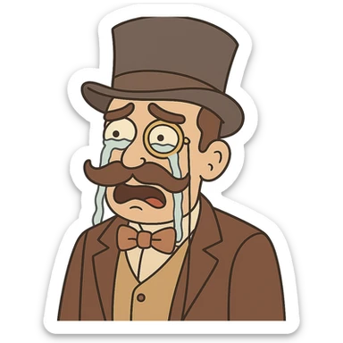 Make the man with mustache, top hat, and monocle cry, in flat toon style, with no background. sticker