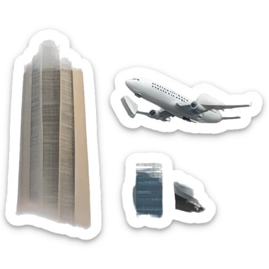 an airplane and two towers sticker