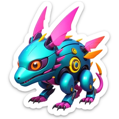 Tropical futuristic lush warm-colored modern colorful neon-colored cyber-Fakémon-Digimon-Trico-creature sticker