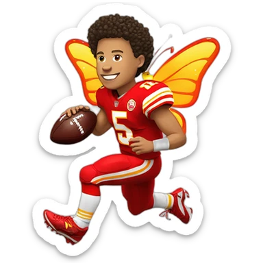 Mahomes with butterfly wings in his back running with a football in his hands sticker