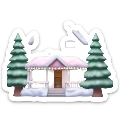 Pastel pink Christmas house with Christmas lights and evergreen trees sticker
