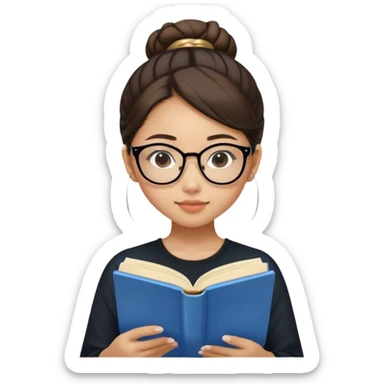 pretty asian girl sitting reading a blue book black top gold glasses brown hairbun sticker