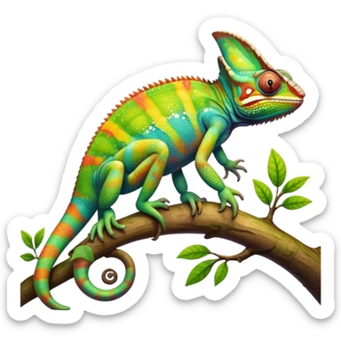 Giant Chameleon blending into natural surroundings, perched on a branch. Its vibrant colors shift with the environment. Lush greenery, branches, and soft sunlight create a peaceful, nature-filled background. Transparent background, showcasing the chameleon's colorful, textured skin. sticker