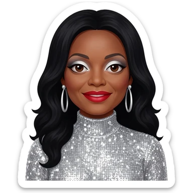 Diana Ross with dark brown eyes, white eyeshadow, red lipstick, long black hair, silver sequin turtleneck dress, silver earrings sticker