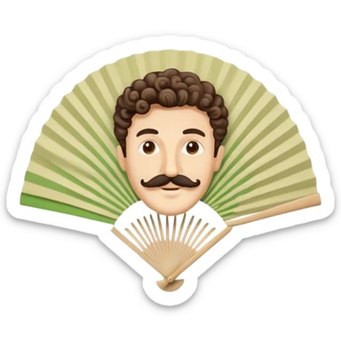 Paper hand fan with Italian man face with curly mustache printed on the fan surface sticker