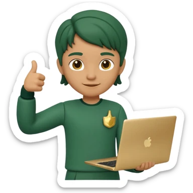 3D clay character standing confident, laptop under arm, thumbs up, deep green (#0B3D2C), cream laptop, gold accents, cute rounded, transparent background sticker