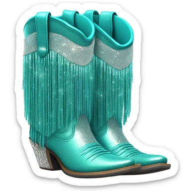 Realistic turquoise fashion cowgirl boots with sparkly shiny glitter fringe on them. sticker