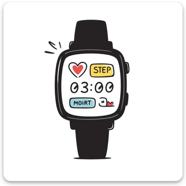 A fitness smartwatch with health tracking display in pastel colors (dd9fb0, ffc6d3, a3bfc9, c4bee2, f1b091), hand-drawn doodle style sticker