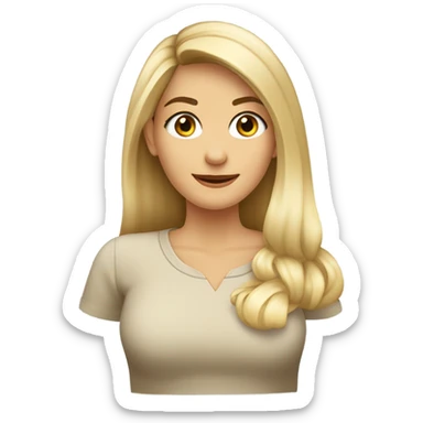 Mujer con cabello rubio lacio, bajo el hombro, con flequillo de lado, frente amplia y aros de argolla. Camisa color beige con cuello tortuga sticker