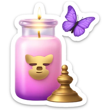 A glowing pastel pink candle in a glass jar with gold accents, next to a violet butterfly. sticker