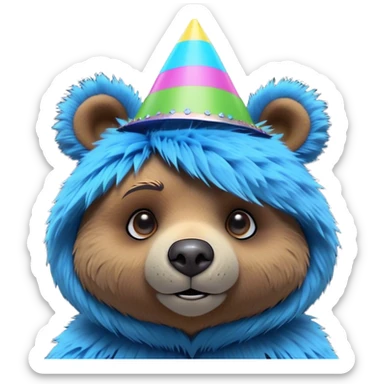 3D, adorable little Pixar style blue neon punk bear wearing a party hat, ultra detailed, each lash, eye, and strand of fur is shown in stunning detail as though captured in a timeless photograph, rich textures, visually rich, so lifelike it feels like it could leap off the page at any moment sticker