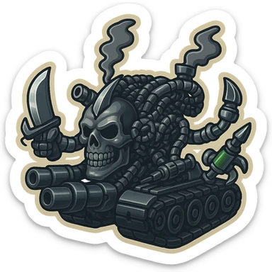 Edit the image to depict a skull robot tank with 4 distinct appendages, each holding a different weapon: an industrial blade, a blaster, a syringe, and a claw. The tank's metal should be black, while the skull face and arms are grey. Maintain compact proportions, clear mechanical detail, and a clean outline in retro stickers style with a transparent background. sticker