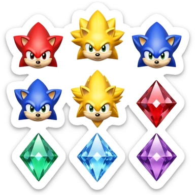 I want Sonic the hedgehog with the 7 chaos emeralds and the Goku aura transformation, where is the super Sonic aura Is a power 7 diamonds, red, blue, yellow, green, white, skyblue and purple, and Sonic changed color into yellow with the seven diamonds or chaos emeralds, and the spine is up sticker