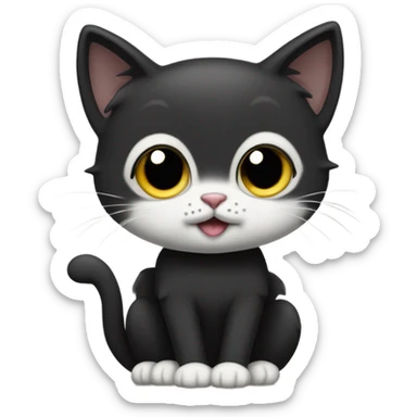 Small, short-haired, black-faced black cat with a white tummy sitting up sticker