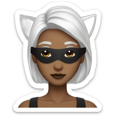 A woman with white hair and cat ears and a black mask around her eyes has white skin  sticker