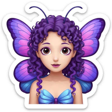 moth fairy with dark curly hair, light purple skin, and moth wings of blue purple and pink. she has moth antenna sticker