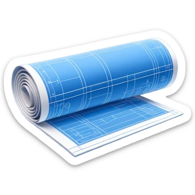 side view of a blue blueprint plan with white lines, partially unrolled sticker
