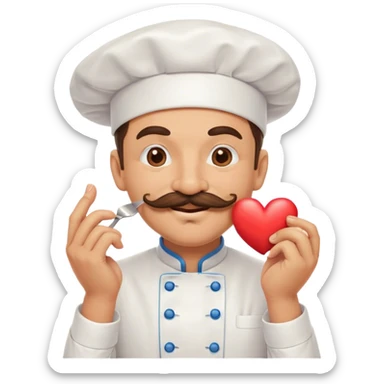 Mustachioed chef with smiling eyes giving a big smooch at his pinched together fingertips with a heart emoji sticker