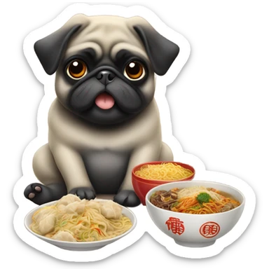 Black pug eating Chinese food sticker