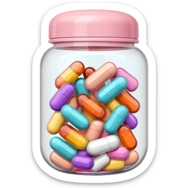 Transparent capsule jar with pastel pink lid, filled with multivitamins sticker