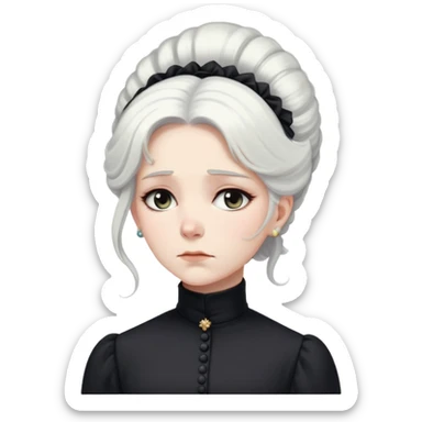 A Victorian woman with elegant coiffed white hair wearing a modest black turtleneck mourning dress looking down with a forlorn expression sticker