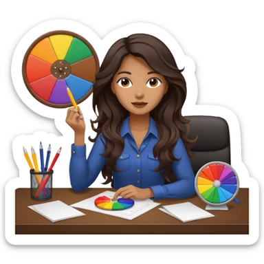 female dark wavy long hair graphic designer , holding color wheel , pens, papers, desktop sticker
