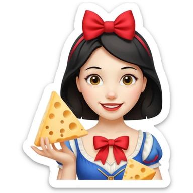  smiling Snow White with red bow holding triangle wedge of cheese sticker