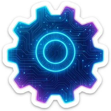 Transform the Windows settings icon (gear) into a cyberpunk, holographic style with glowing neon blue and pink edges, circuit patterns throughout the entire icon, and a transparent background. Maintain the recognizable gear shape, overlaying neon and circuit effects in a consistent futuristic, clean cyberpunk glow style with intricate circuit details. sticker