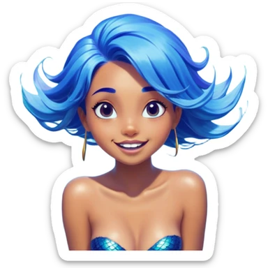 Cinematic Realistic Blue Hair Mermaid Portrait, head tilted dramatically with an exaggeratedly amused expression, featuring a striking, vibrant form with meticulously detailed, flowing blue hair and glowing, tanned skin. Her expressive eyes brim with playful marine mischief, rendered with dynamic underwater lighting and vibrant textures that imbue the scene with an air of cheeky, over‐the‐top oceanic whimsy—capturing the essence of a spirited mermaid ready to enchant with coastal charm. sticker