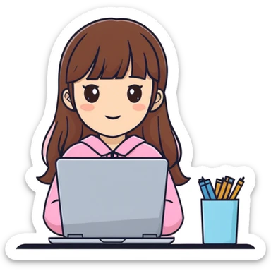 A fair-skinned girl with long brown hair and bangs, brown eyes, wearing pink clothing, and holding a laptop. sticker