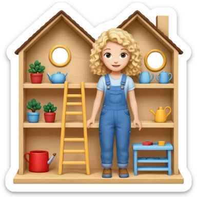smiling blonde curly girl arranging furniture in doll house with overalls sticker