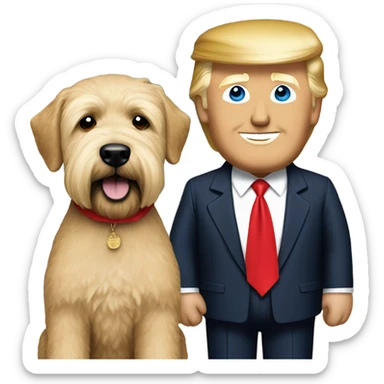 President Donald trump with a wheaten terrier wearing a red bandana sticker
