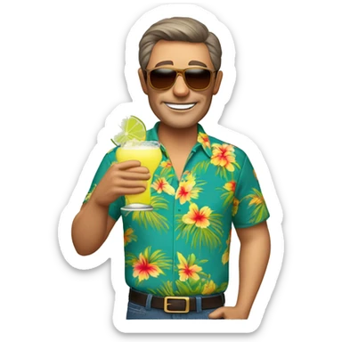Man in his 50’s with short brown hair wearing a Hawaiian shirt, wearing sunglasses and drinking a margarita sticker