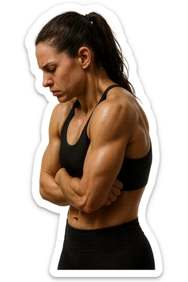 DONNA FITNESS DI PROFILO CON POSTURA CHIUSA E SPALLE IN AVANTI, ISOLATA SU SFONDO BIANCO,  iperrealistico 4k sticker