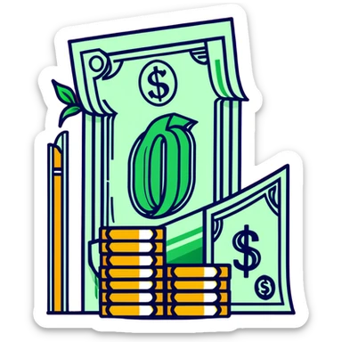 upward green arrow next to a tall growing stack of dollar bills and coins sticker