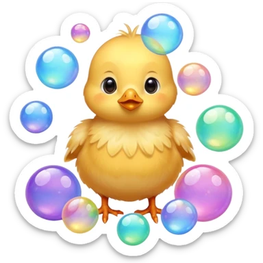 Hyperrealistic, soft furry colorful Baby chick surrounded by Hyperrealistic iridescent translucent bubbles, still life, isolated. 8k sticker