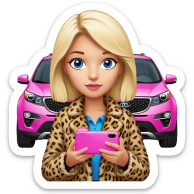 a blondie queen Arina in a leopard fur and pink iPhone on her kia Sportage white car. blue eyes sticker
