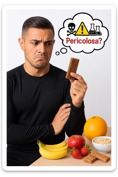 un uomo in abbigliamento sportivo tiene in mano una barretta proteica, osservandola con un’espressione scettica e preoccupata. Sopra la barretta, una nuvoletta di pensiero mostra simboli di allarme, ingredienti chimici e la scritta “Pericolosa?” in rosso. Sullo sfondo, frutta fresca e altri snack naturali sono visibili sul tavolo, sottolineando la sua preferenza per alternative più sane. sticker