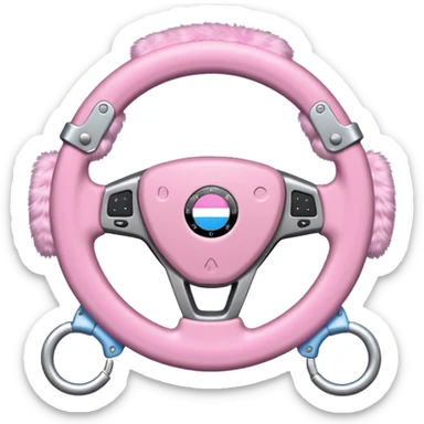 steering wheel with transgender pride flag colors and strifes , with fluffy pink handcuffs sticker