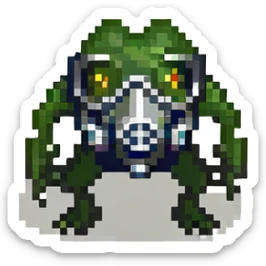 a frog wearing a gas mask, lurking in the shadows like a stalker sticker