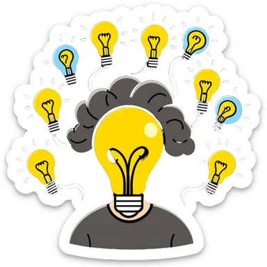 Person with a chaotic mind, swirling tornado of tangled thoughts around their head, containing question marks, light bulbs, and scribbles. The person has a bewildered, overwhelmed expression. sticker