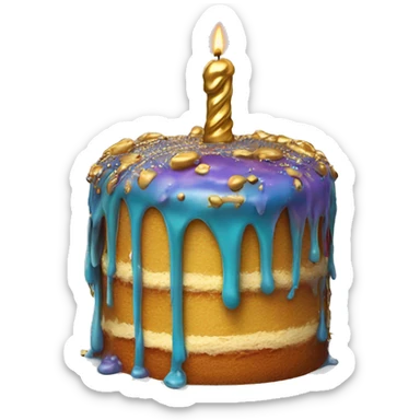 Realistic isolated colorful cake with metallic gold icing dripping from top and all down along the cake sticker