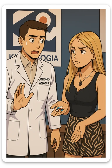 fai un webtoon/manga a colori con questo kinesiologo in camice bianco (fagli la scritta "ANTONIO ANANIA" SUL CAMICE) CHE PARLA CON QUESTA RAGAZZA. LA RAGAZZA HA UN PUGNO DI INTEGRATORI IN MANO (TANTE PILLOLE DIVERSE) E LE GUARDA DUBBIOSA. IL KINESIOLOGO CON IL CAMICE BIANCO LE DOMANDA UNA COSA SCIOCCATO. NON FARE I FUMETTI, FAI SOLO LORO COME SE DIALOGASSERO sticker