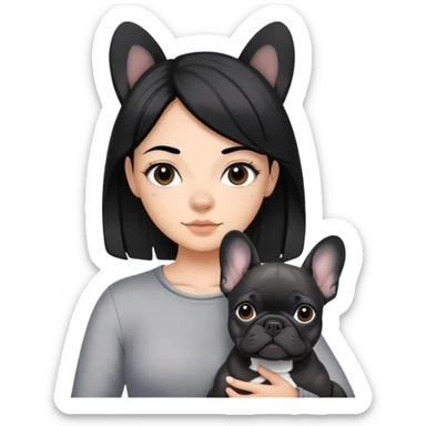 A girl with black hair with two grey strings of highlights carry a black frenchie  sticker