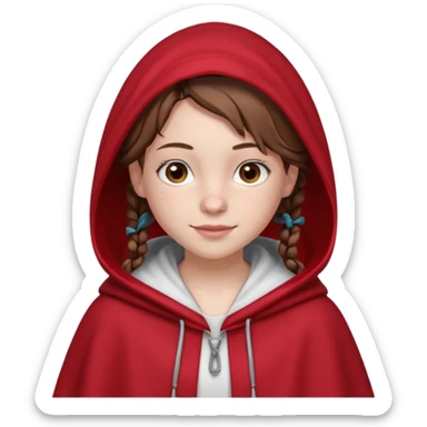 A 12-year-old girl, with fair skin, freckles, and a warming smile that shows her pale pink lips. She has big brown eyes and normal eyebrows. Her brown hair is styled in French braids that reach her breasts. She wears a bright red hooded cloak with the hood drawn over a pretty white tank top. sticker