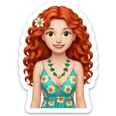 white girl with long curly red hair, wearing a maxi dress, flower necklace, bright smile sticker